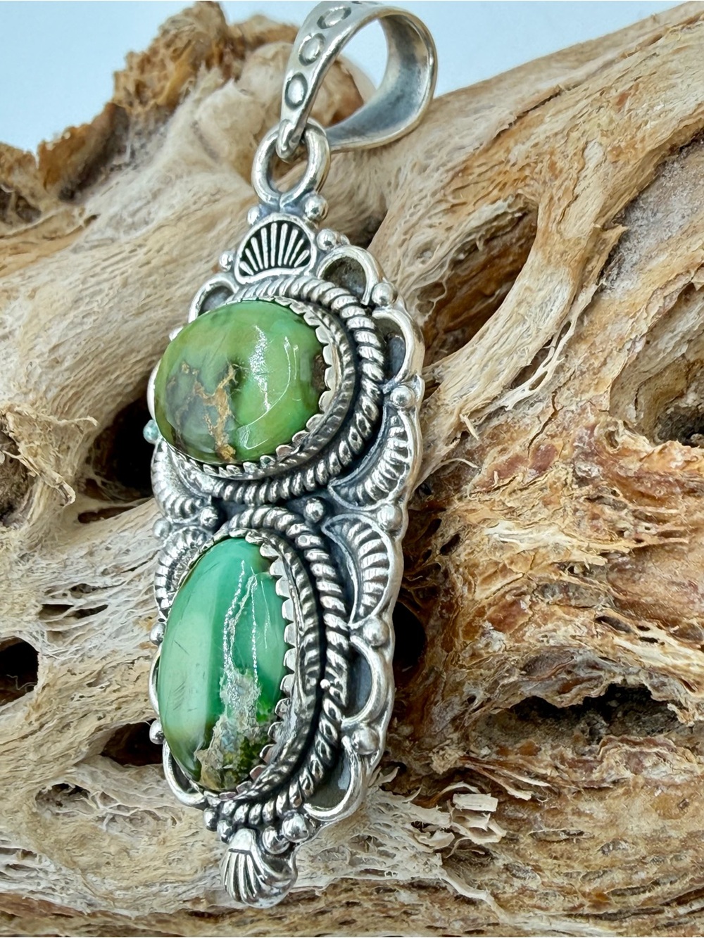 Sterling Silver Double Green Turquoise Southwestern Pendant 2.5” Native American - Picture 4 of 15